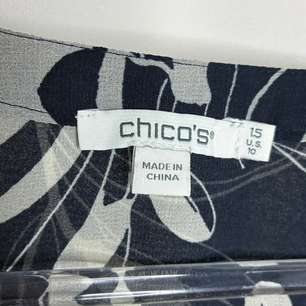Chico's Navy Blue White Abstract Floral Sheer Button Up Blouse Chicos 1.5/ US M